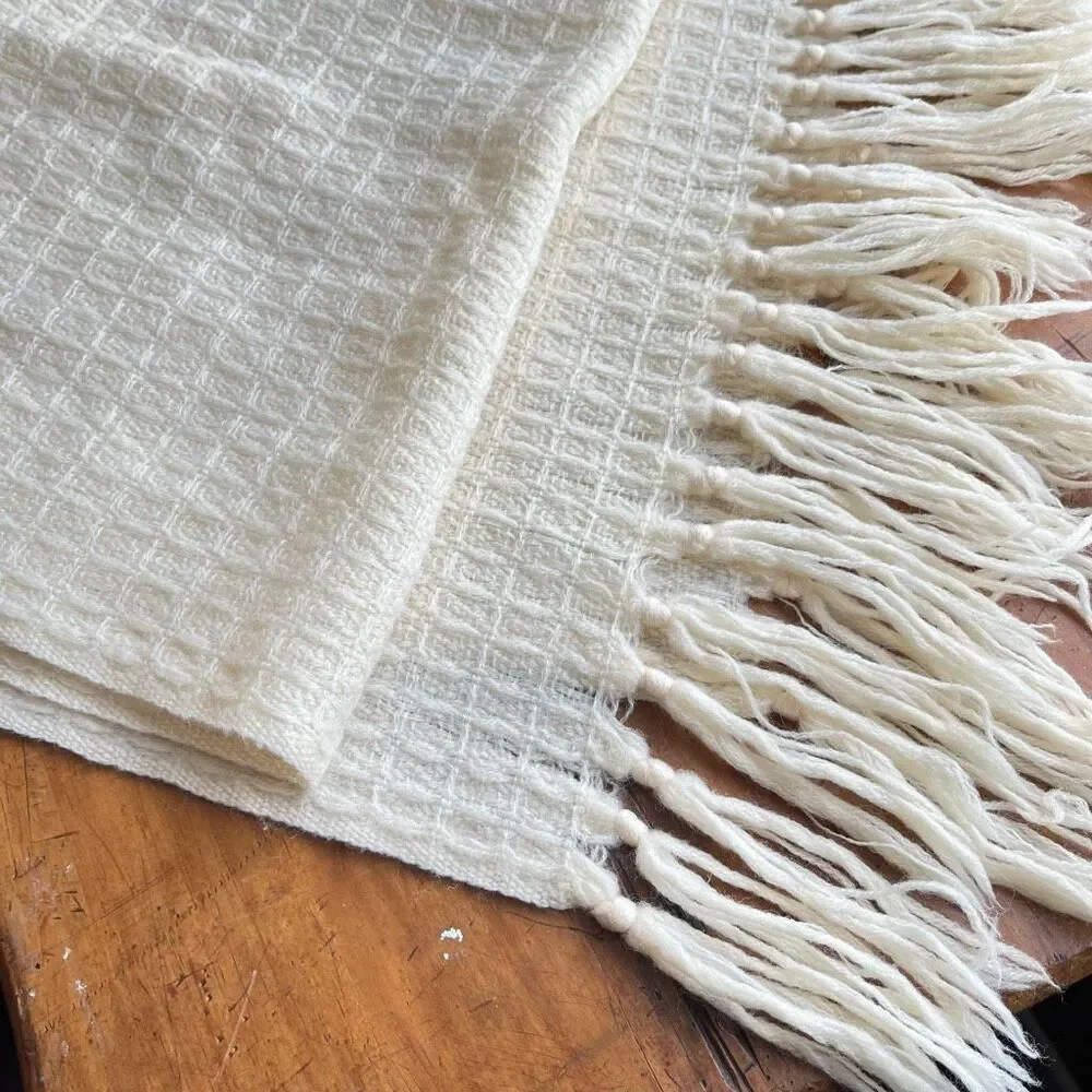 Vintage Cream Wool Woven Fringed Scarf Wrap 71